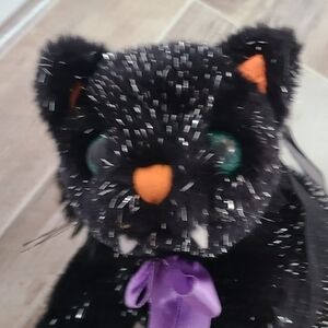 Galerie Au Chocolat Halloween Black Cat Purple Bow Silver Metallic 7.5 x 11"